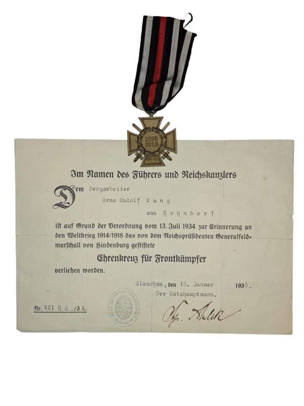 Frontkämpfer Ehrenkreuz with award document
