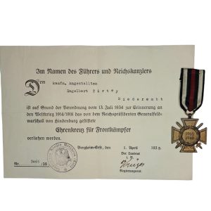Frontkämpfer Ehrenkreuz with award document