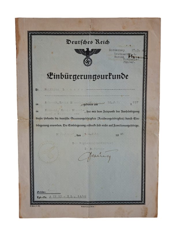 certificate of naturalisation / einbürgerungsurkunde